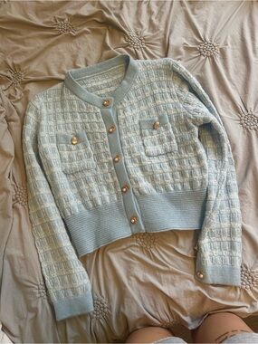 Light Blue Knit Cardigan Sweater with Gold Buttons